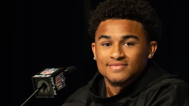 Mar 5, 2022; Indianapolis, IN, USA; Washington defensive back Trent McDuffie (DB26) talks to the media during the 2022 NFL Scouting Combine at Lucas Oil Stadium. Mandatory Credit: Trevor Ruszkowski-USA TODAY Sports