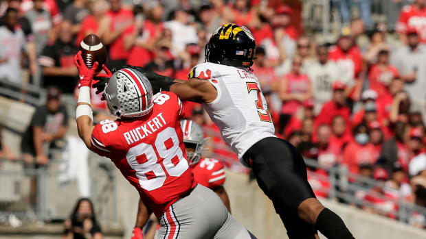 Ohio State Buckeyes tight end Jeremy Ruckert (88) can't reel in a pass as he is defended by Maryland Terrapins defensive back Nick Cross (3) during the first half of Saturday's NCAA Division I football game at Ohio Stadium in Columbus on October 9, 2021. Osu21mary Bjp 696