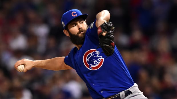Nov 1, 2016; Cleveland, OH, USA; Chicago Cubs starting pitcher Jake Arrieta throws a pitch against the Cleveland Indians in the first inning in game six of the 2016 World Series at Progressive Field.
