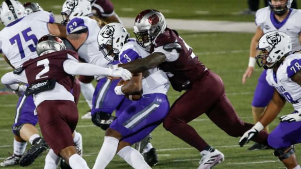 Eric Johnson, of Missouri State, sacks the quarterback during the Bears game against University of Central Arkansas in their home opener at Plaster Stadium on Saturday, Oct. 17, 2020. Msuuca10