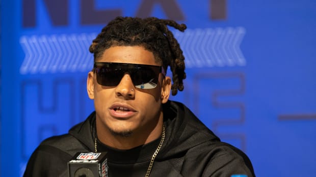 Mar 3, 2022; Indianapolis, IN, USA; Rutgers running back Isiah Pacheco talks to the media during the 2022 NFL Combine. Mandatory Credit: Trevor Ruszkowski-USA TODAY Sports