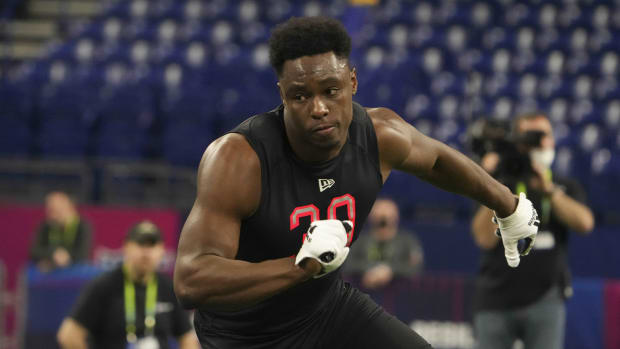 Mar 5, 2022; Indianapolis, IN, USA; Coastal Carolina defensive lineman Jeffrey Gunter (DL30) goes through drills during the 2022 NFL Scouting Combine at Lucas Oil Stadium. Mandatory Credit: Kirby Lee-USA TODAY Sports