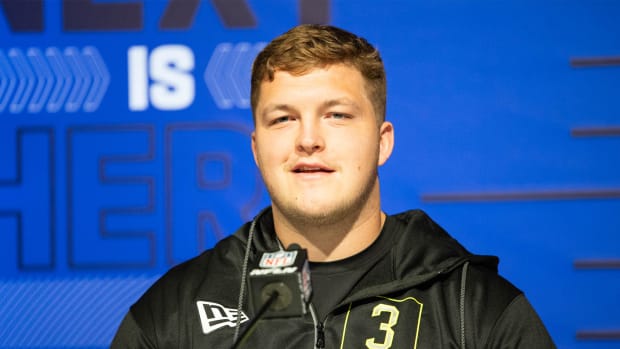 Mar 3, 2022; Indianapolis, IN, USA; Wisconsin offensive lineman Logan Bruss talks to the media during the 2022 NFL Scouting Combine.