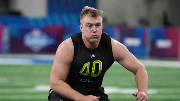 Mar 4, 2022; Indianapolis, IN, USA; Central Michigan offensive lineman Bernhard Raimann (OL40) goes through drills during the 2022 NFL Scouting Combine at Lucas Oil Stadium. Mandatory Credit: Kirby Lee-USA TODAY Sports