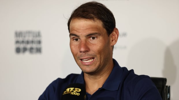 Rafael Nadal speaks at a press conference.