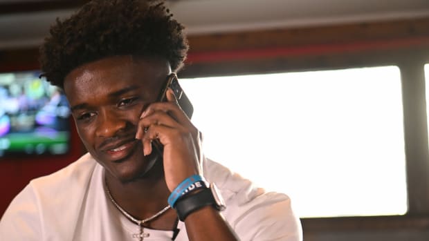 Former Auburn player Roger McCreary drafted in the second round by the Tennessee Titans.Pictured on the phone a few minutes before with the team.NFL draft on Friday. April 29, 2022 in Mobile, Ala.