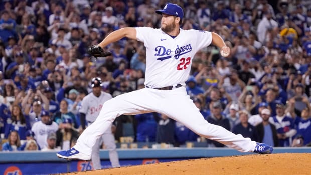 Los Angeles Dodgers starting pitcher Clayton Kershaw throws a third strike to strike out Detroit Tigers’ Spencer Torkelson and pass Don Sutton to become the Dodgers’ career strikeout leader during the fourth inning of a baseball game Saturday, April 30, 2022, in Los Angeles.