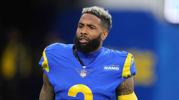 Jan 17, 2022; Inglewood, California, USA; Los Angeles Rams wide receiver Odell Beckham Jr. (3) reacts before a NFC Wild Card playoff football game against the Arizona Cardinals at SoFi Stadium. Mandatory Credit: Kirby Lee-USA TODAY Sports