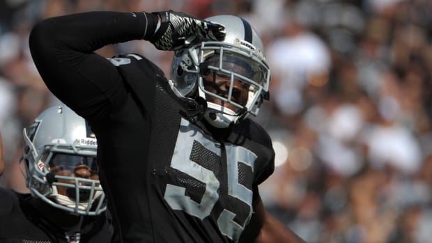 Oakland Raiders linebacker Rolando McClain (55) reacts during the game against the Cleveland Browns at the O.co Coliseum. The Raiders defeated the Browns, 24-17.