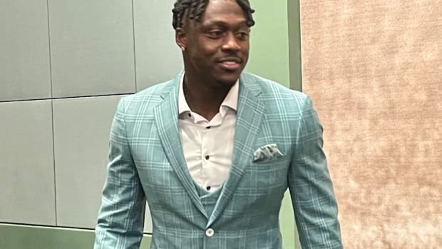 A.J. Brown gets ready for his Eagles introductory press conference on May 2, 2022