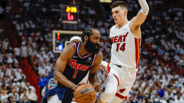 Philadelphia 76ers guard James Harden (1) moves to the basket as Miami Heat guard Tyler Herro (14) defends in the third quarter during game one of the second round for the 2022 NBA playoffs