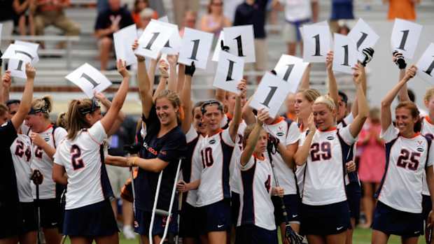 May 16, 2010; Charlottesville, VA, USA; Players on the Virginia Cavaliers women’s lacrosse team hold up signs with the number “1” in memory of Yeardley Love after the first round of the NCAA women’s lacrosse tournament game against the Towson Tigers at Klšckner Stadium. Virginia defeated Towson 14-12. Mandatory Credit: Rafael Suanes-USA TODAY Sports