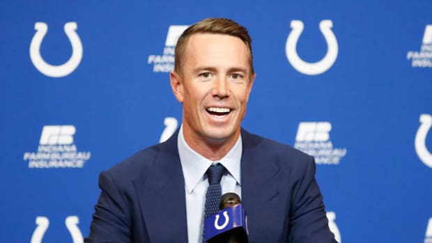 New Indianapolis Colts QB Matt Ryan takes questions during a press conference on Tuesday, March 22, 2022, at the Indiana Farm Bureau Football Center in Indianapolis.