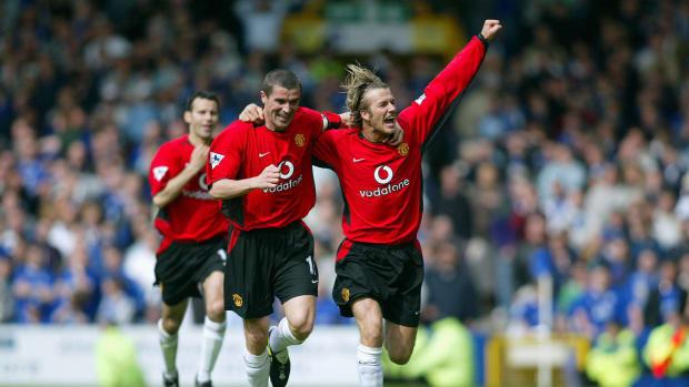 Ryan Giggs (left), Roy Keane (center) and David Beckham pictured during Manchester United's 2-1 win at Everton in 2003