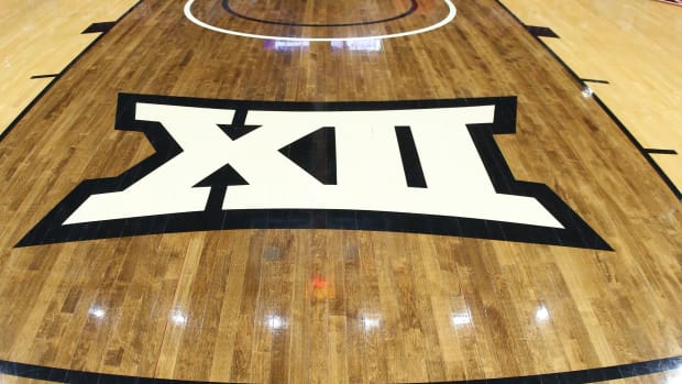 Jan 4, 2020; Lubbock, Texas, USA; The Big 12 Logo at United Supermarkets Arena before the game against the Texas Tech Red Raiders and the Oklahoma State Cowboys. Mandatory Credit: Michael C. Johnson-USA TODAY Sports