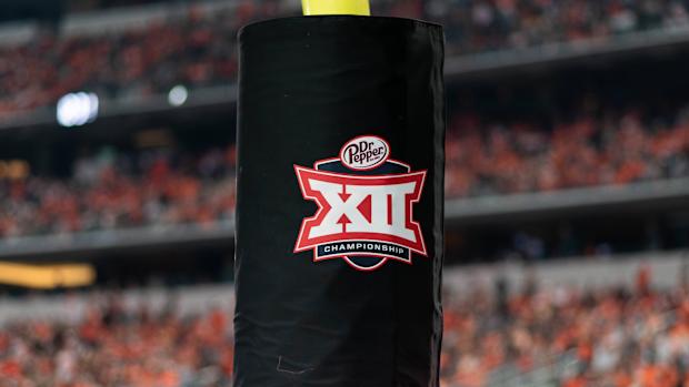 December 4 2021: Big 12 and Dr Pepper logo on a goal pad during the 2nd half of the NCAA, College League, USA Football game between the Baylor Bears and Oklahoma State Cowboys at AT&T Stadium in Arlington, Texas. /CSM Arlington US