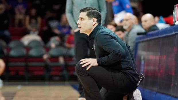 Mar 3, 2022; Dallas, Texas, USA; Cincinnati Bearcats head coach Wes Miller calls a play against the Southern Methodist Mustangs during the first half at Moody Coliseum. Mandatory Credit: Chris Jones-USA TODAY Sports