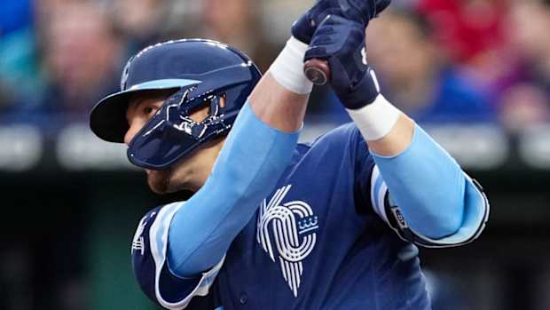 Kansas City Royals third baseman Bobby Witt Jr. (7) hits a home run during the second inning against the St. Louis Cardinals at Kauffman Stadium.