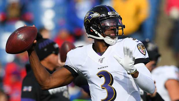Dec 8, 2019; Orchard Park, NY, USA; Baltimore Ravens quarterback Robert Griffin III (3) warms up prior to the game against the Buffalo Bills at New Era Field.