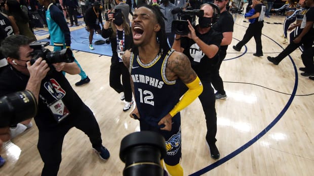 Memphis, Tennessee, USA; Memphis Grizzlies guard Ja Morant (12) reacts after defeating the Golden State Warriors during game two of the second round for the 2022 NBA playoffs.
