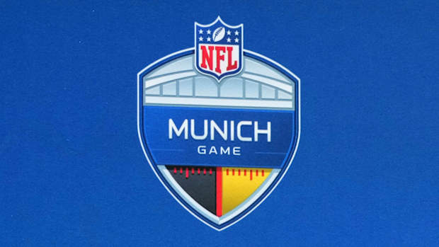 A close-up of the NFL Munich Germany game logo during an NFL International press conference.