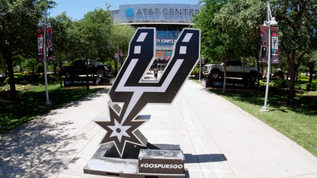 The Spurs logo before a game at AT&T Center in San Antonio.