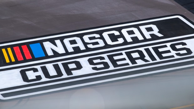 The NASCAR Cup Series logo printed on the front stretch
