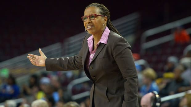 Southern California Trojans coach Cynthia Cooper-Dyke reacts against the UCLA Bruins at Galen Center.