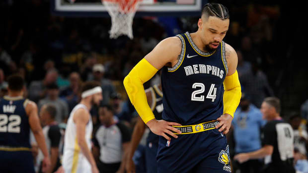 Memphis Grizzlies guard Dillon Brooks (24) walks off the court after a flagrant two foul was call on him during the first half in game two of the second round for the 2022 NBA playoffs against the Golden State Warriors at FedExForum.