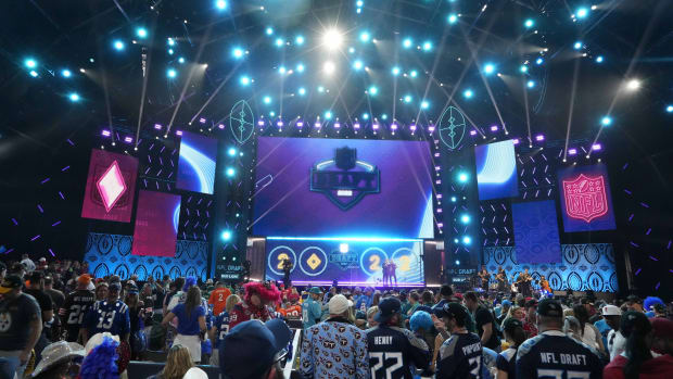 A general overall view as NFL commissioner Roger Goodell speaks during the first round of the 2022 NFL Draft at the NFL Draft Theater.