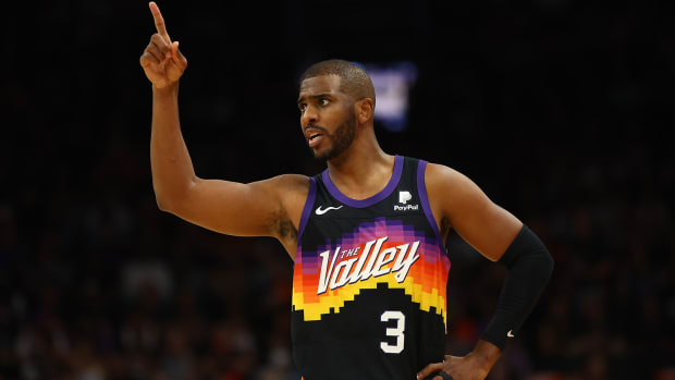 Phoenix Suns guard Chris Paul (3) reacts against the Dallas Mavericks during the first half in game two of the second round for the 2022 NBA playoffs.