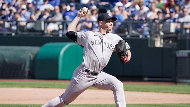 New York Yankees reliever Michael King pitching against Kansas City Royals