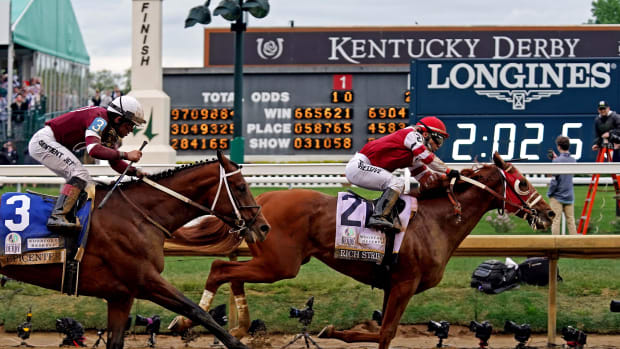 May 7, 2022; Louisville, KY, USA; Sonny Leon aboard Rich Strike wins the 148th running of the Kentucky Derby at Churchill Downs.