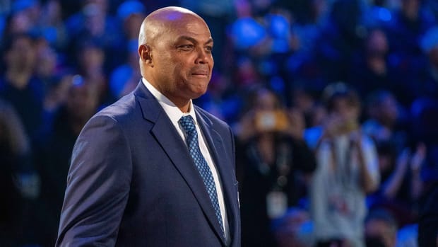 Charles Barkley is honored for being selected to the NBA 75th Anniversary Team during halftime in the 2022 NBA All-Star Game.