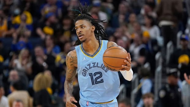 Grizzlies guard Ja Morant brings the ball up against the Warriors during the second half of Game 3.