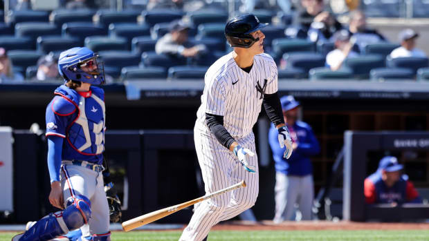 May 9, 2022; Bronx, New York, USA; New York Yankees first baseman Anthony Rizzo drops the bat after a hit to drive in a run during the eighth inning of a baseball game against the Texas Rangers at Yankee Stadium.