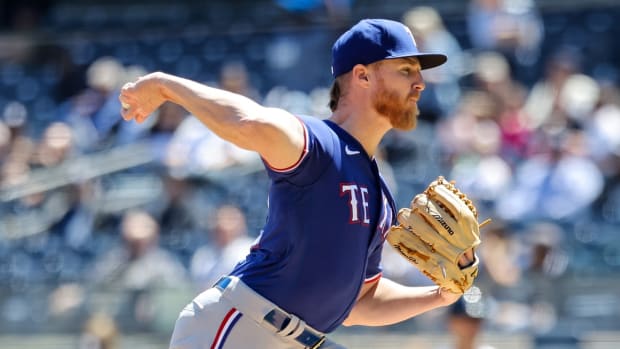 May 9, 2022; Bronx, New York, USA; Texas Rangers starting pitcher Jon Gray delivers against the New York Yankees during the first inning at Yankee Stadium.