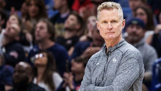 Golden State Warriors head coach Steve Kerr looks on against the New Orleans Pelicans during the second half at the Smoothie King Center.