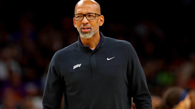 Apr 19, 2022; Phoenix, Arizona, USA; Phoenix Suns head coach Monty Williams reacts during the second quarter against the New Orleans Pelicans during game two of the first round for the 2022 NBA playoffs at Footprint Center. Mandatory Credit: Mark J. Rebilas-USA TODAY Sports