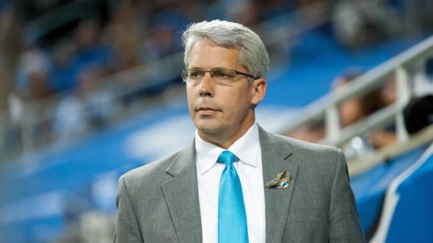 Nov 9, 2014; Detroit, MI, USA; Miami Dolphins general manager Dennis Hickey during the game against the Detroit Lions at Ford Field. Detroit won 20-16.