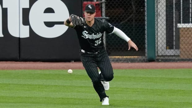 Chicago White Sox Gavin Sheets drops a fly ball from Cleveland Guardians’ Owen Miller during the first inning of a baseball game Monday, May 9, 2022, in Chicago. Steven Kwan scored on the fielding error. (AP Photo/Charles Rex Arbogast)