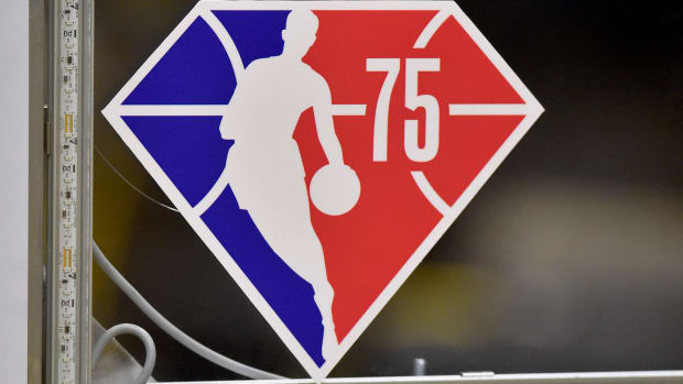 A general view of the NBA 75th Anniversary logo on a backboard.