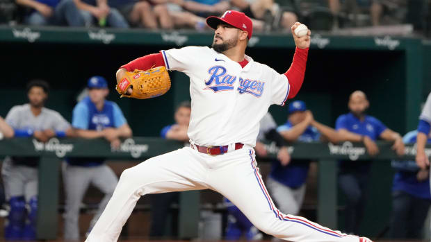 May 10, 2022; Arlington, Texas, USA; Texas Rangers starting pitcher Martin Perez (54) delivers a pitch to the Kansas City Royals during the first inning of a baseball game at Globe Life Field.