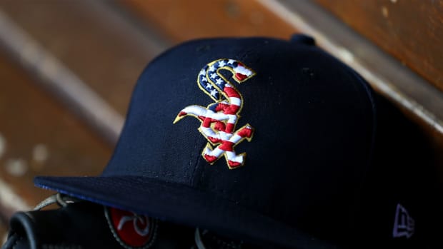 Jul 3, 2018; Cincinnati, OH, USA; A view of the American flag in the Sox logo on an official White Sox New Era on field hat during the game of the Chicago White Sox against the Cincinnati Reds at Great American Ball Park.