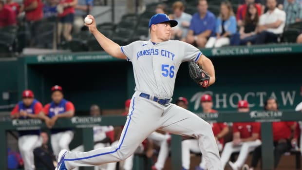 May 10, 2022; Arlington, Texas, USA; Kansas City Royals starting pitcher Brad Keller (56) delivers a pitch to the Texas Rangers during the first inning of a baseball game at Globe Life Field. Mandatory Credit: Jim Cowsert-USA TODAY Sports