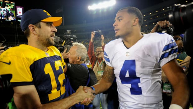 Aaron Rodgers greets Dak Prescott after a Packers vs. Cowboys game.