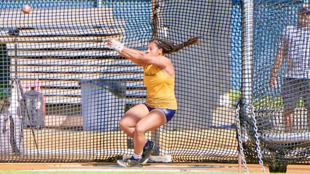 Camryn Rogers uncorks her college-record throw at the Mt.SAC Relays