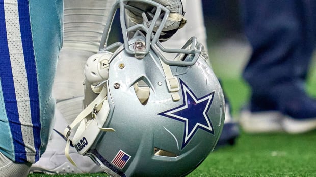 JANUARY 16: A detail view of a Dallas Cowboys helmet is seen during the NFC Wild Card game between the San Francisco 49ers and the Dallas Cowboys on January 16, 2022 at AT&T Stadium in Arlington, TX.