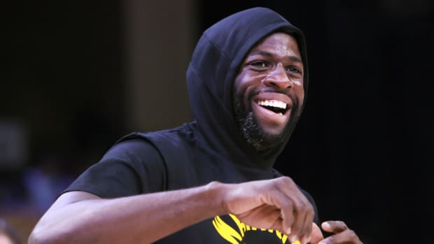 Golden State Warriors forward Draymond Green warms up before game five of the second round for the 2022 NBA playoffs against the Memphis Grizzlies.