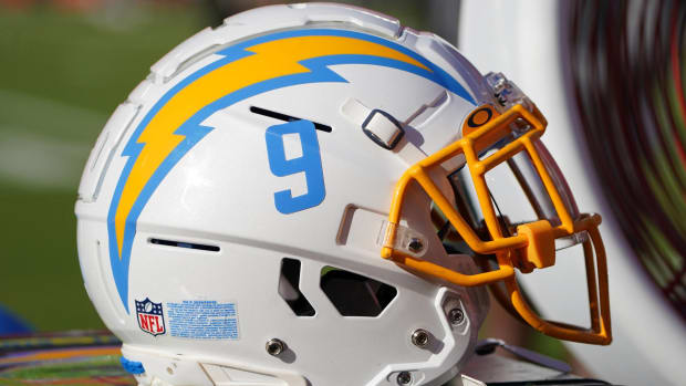 A Los Angeles Chargers No. 9 helmet.